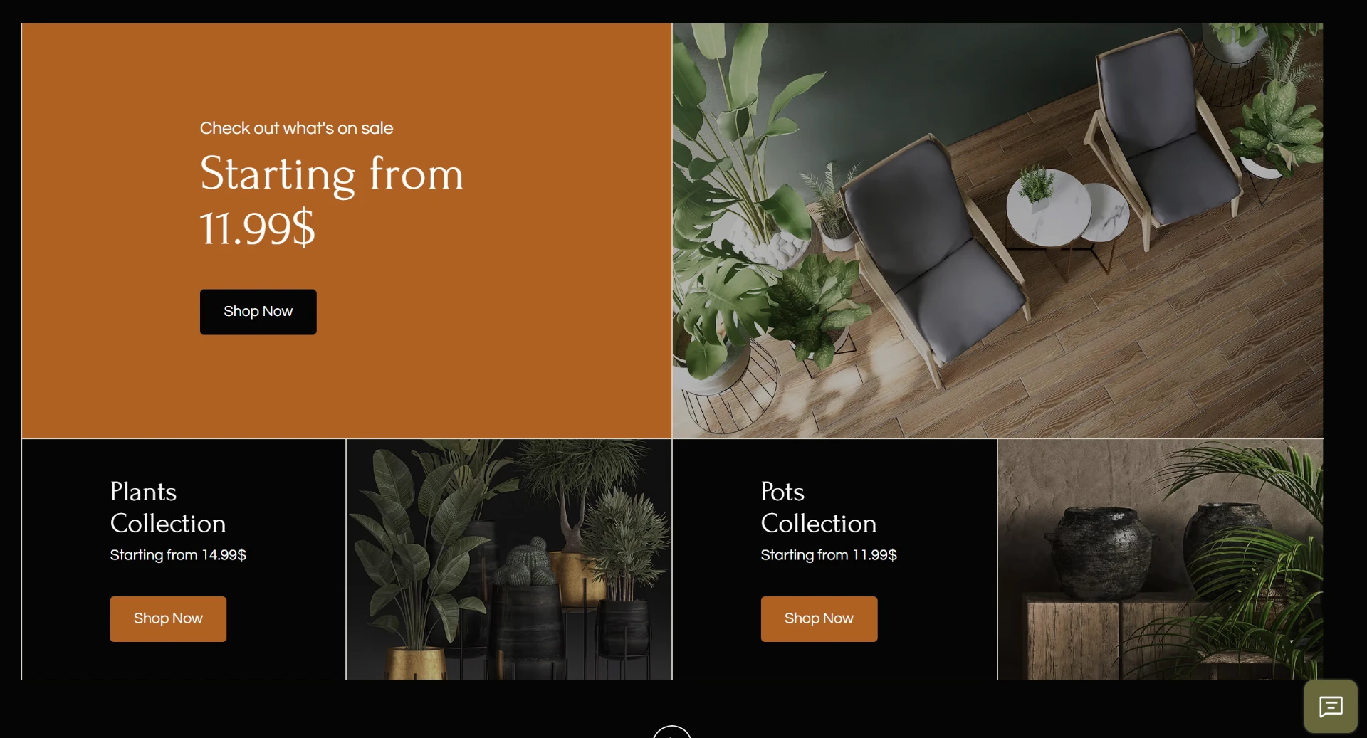 Promotional grid showing plant and pot collections with pricing and Shop Now buttons