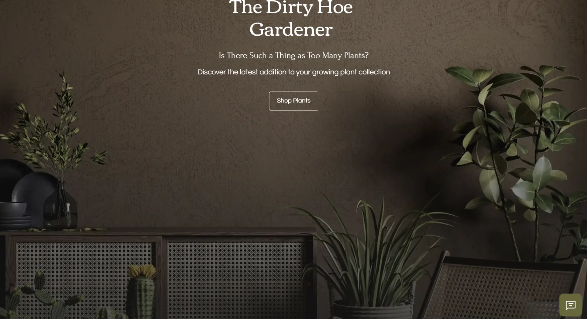Warm-toned plant shop hero with Shop Plants call to action