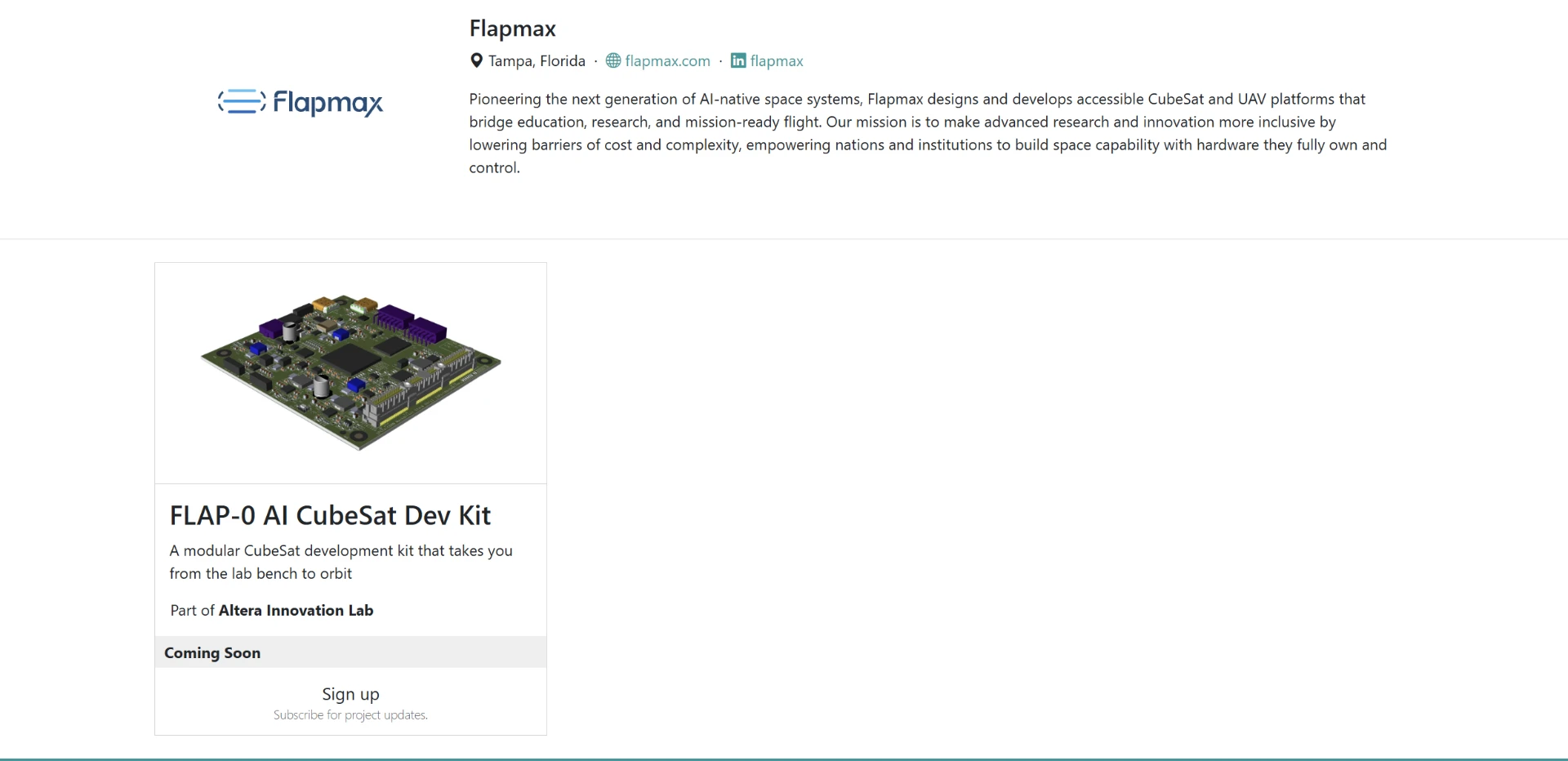 Flapmax company profile and FLAP-0 AI CubeSat Dev Kit product card