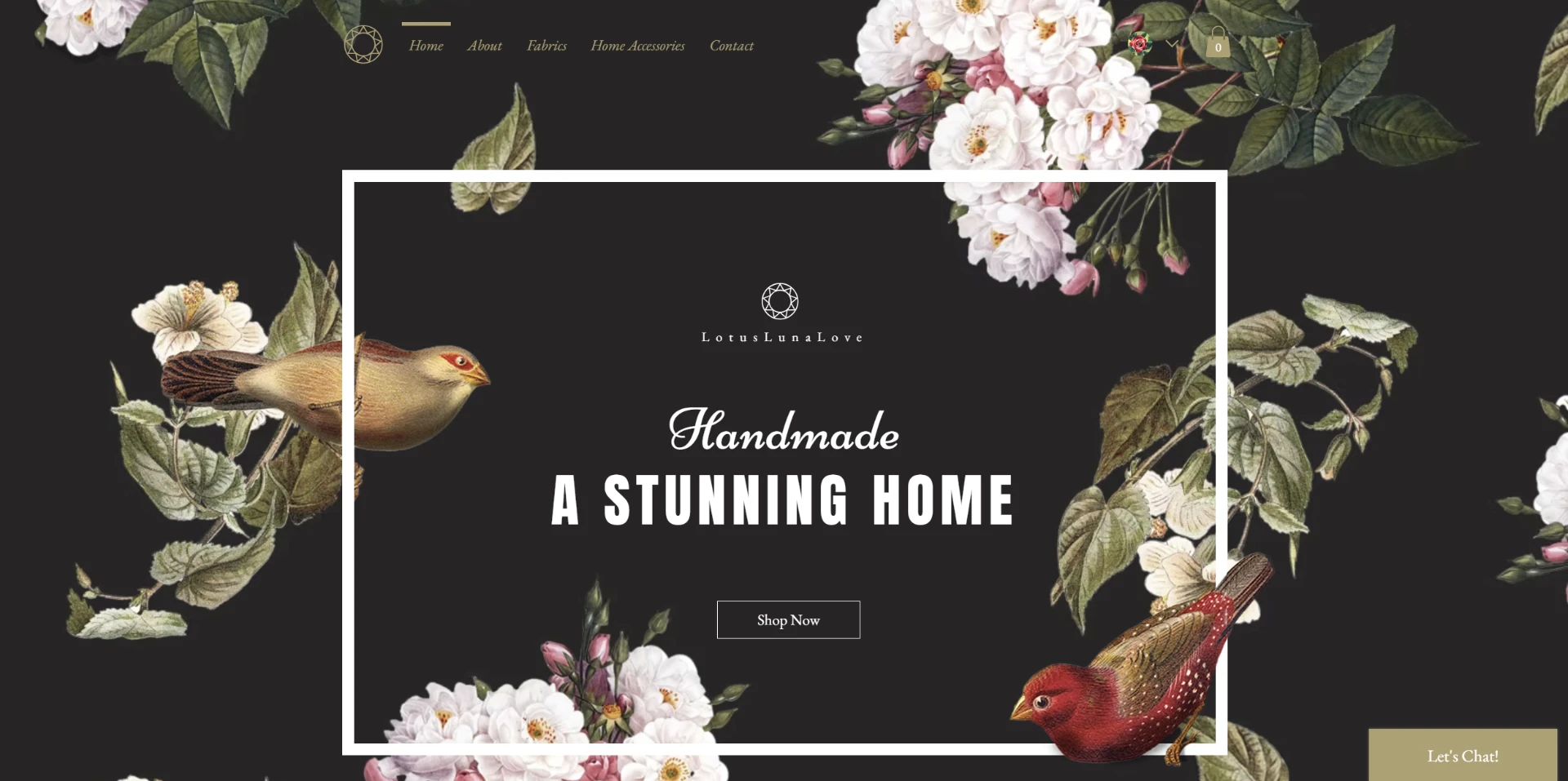 Dark floral homepage for LotusLunaLove with a Handmade a Stunning Home headline