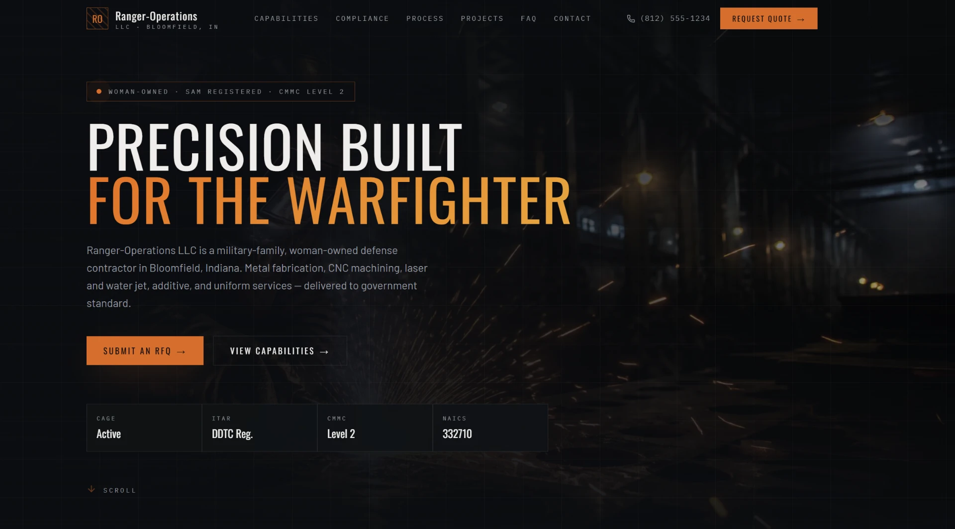 Dark industrial homepage for Ranger-Operations LLC with a Precision Built for the Warfighter headline