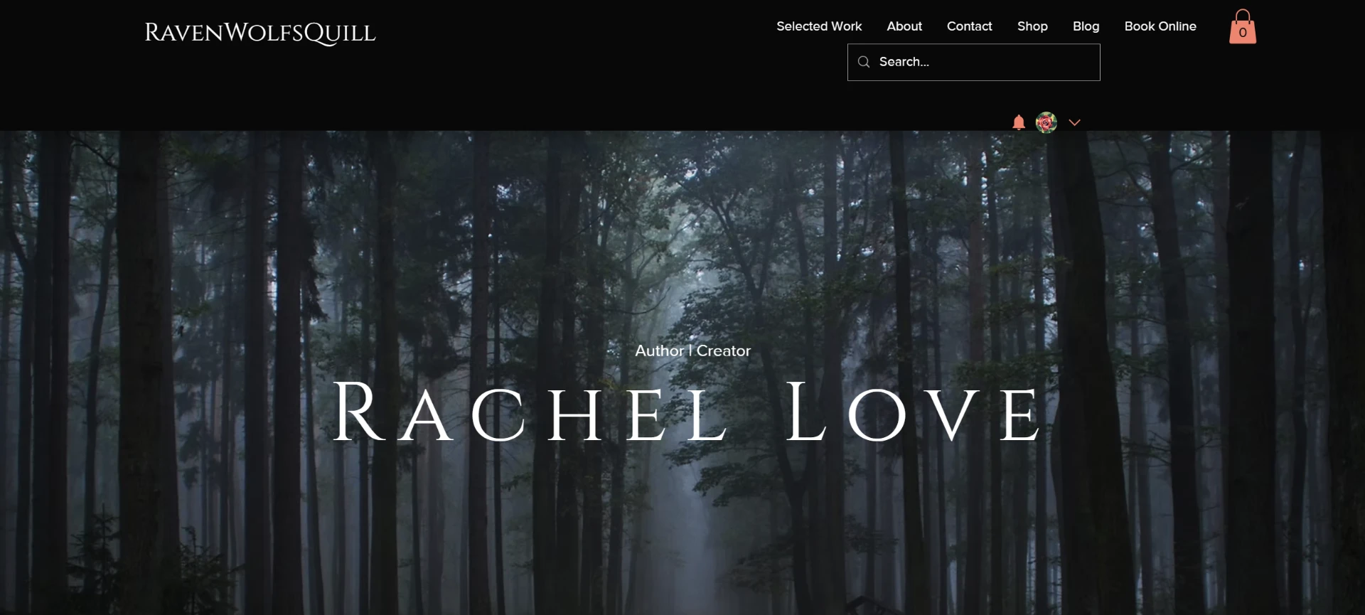 Forest-image homepage for author Rachel Love with selected work and shop navigation